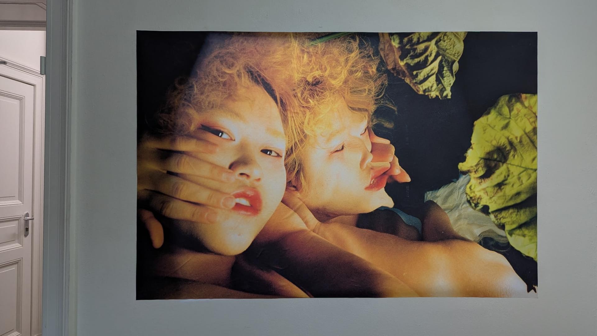 closeup photograph of two chinese people (one of them distorted, as if underwater) who seem to mirror each other, hands on one cheek. their shoulders are bare and there are dried leaves on the right. black background, the lighting is dim.