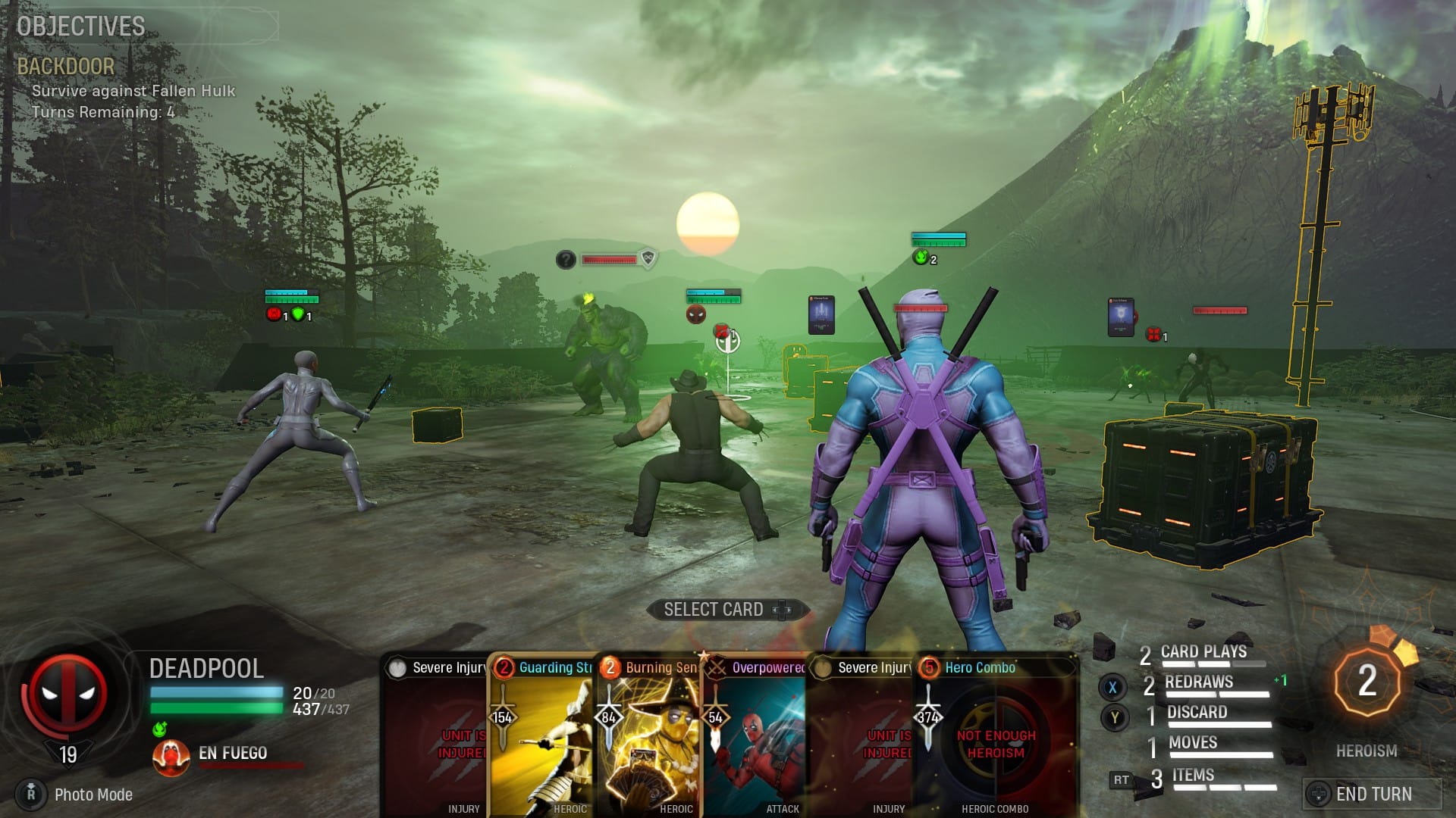 screenshot of the game "marvel's midnight suns". deadpool, wolverine and the hunter (me) are in the middle of a battle against hulk. the background is cloudy and moody, with a big mountain on the right (in the distance), and nearby woods on the left. the sun is about to set. i have 6 cards in my hands and 2 card plays left. it's the start of the battle and the objective is: "survive against fallen hulk. turns remaining: 4." 