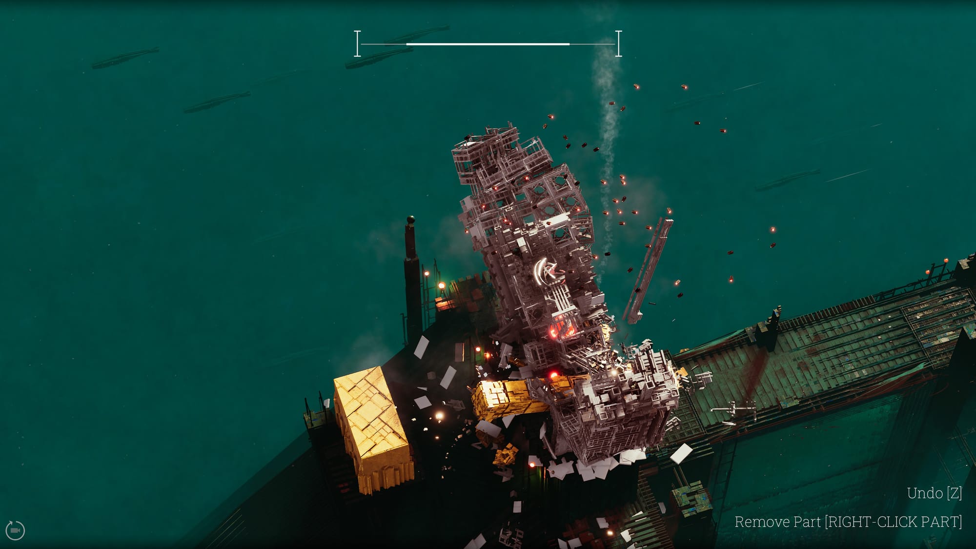 screenshot of abriss where a structure/building that's getting destroyed by my crane. 3d isometric style with post-apocalyptic vibes and minimal ui.