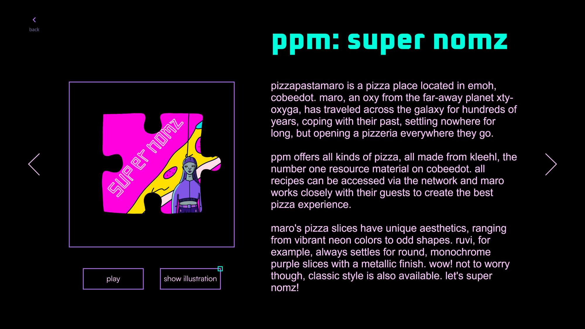 screenshot of a text i wrote for our previous game, pieces I: a maskros nebula game (2023). it's a about maro who's travelling the galaxy in order to open a pizzeria.