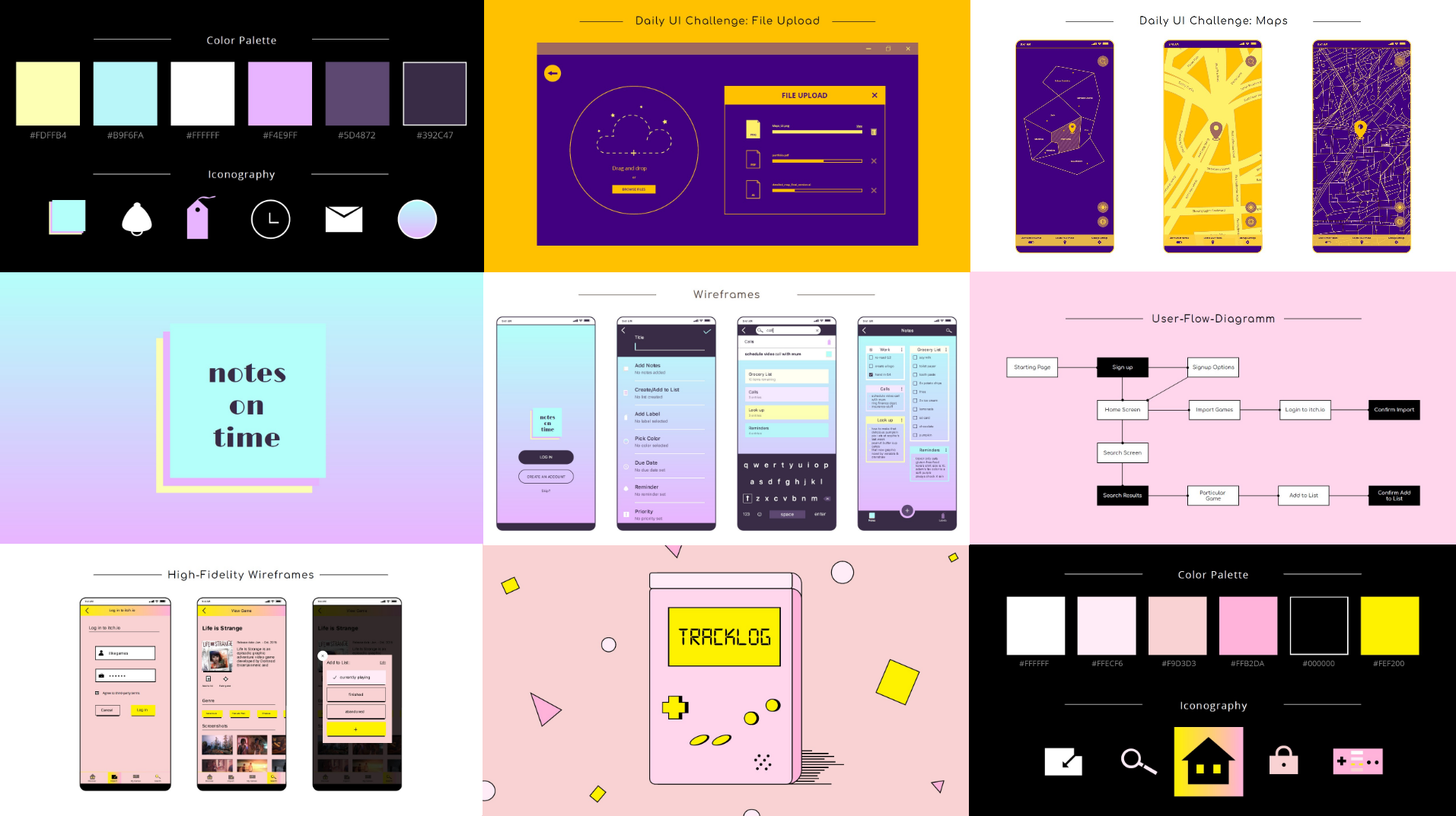 3 web apps i designed, with wireframes, colour palette and illustration. i made them all quite colourful.