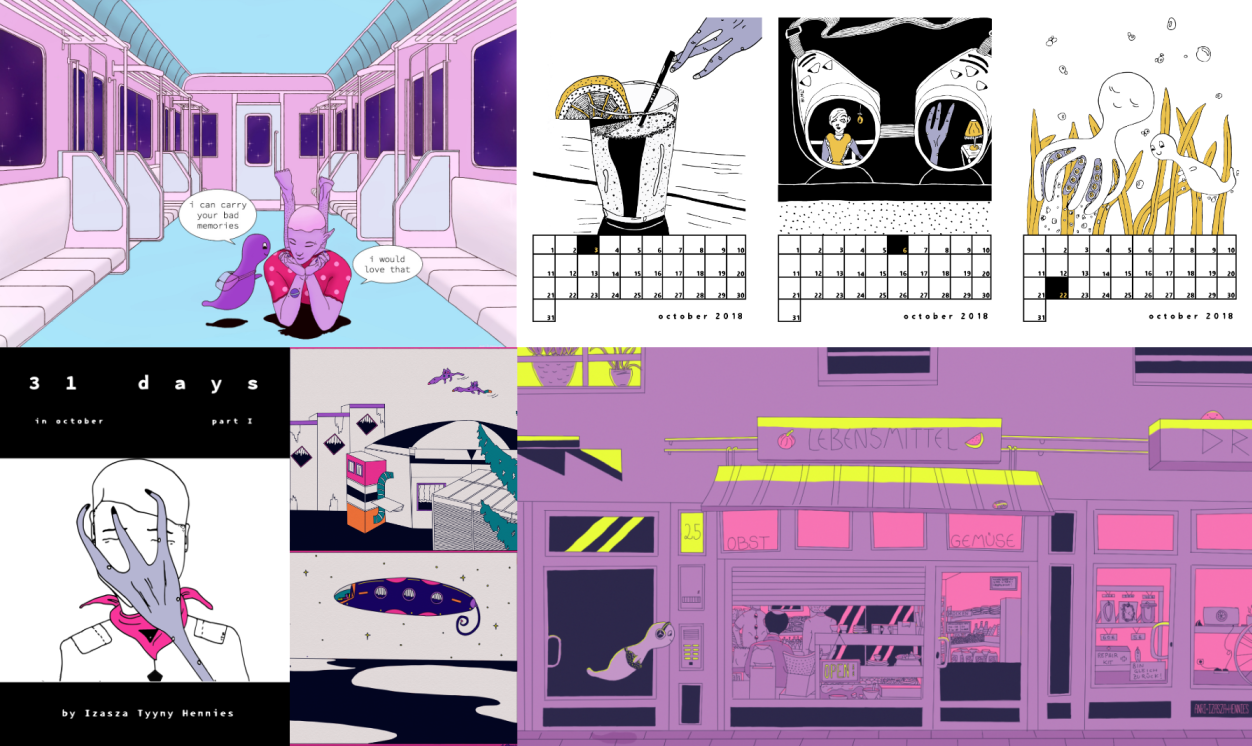 collections of comic-style drawings features humanoid aliens, ghosts, and sea creatures.