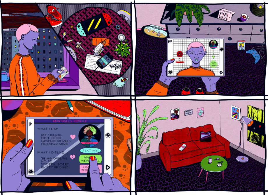 collection of four images that pop because of their vibrant colours. comic-style flat art with alien but humanoid characters.