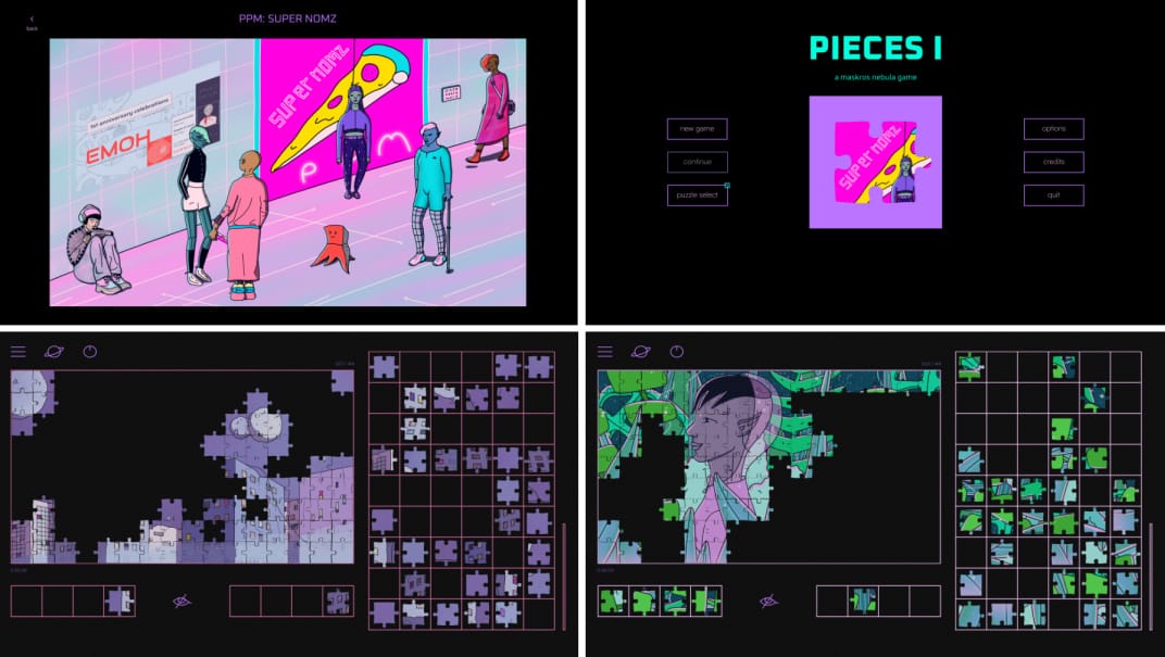 compilation of four images from a jigsaw puzzle game i did with nursey for owly crow featuring characters and environments.