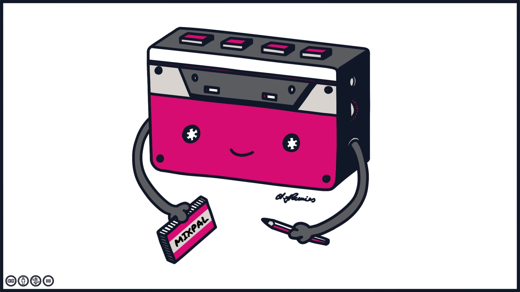 an anthropomorphic walkman (walkbuddy) with a smiling expression on its face. one of its arms holds a mixtape (the cover reads, "mixpal") while the other arm holds a pen. cc-by-nc-nd.