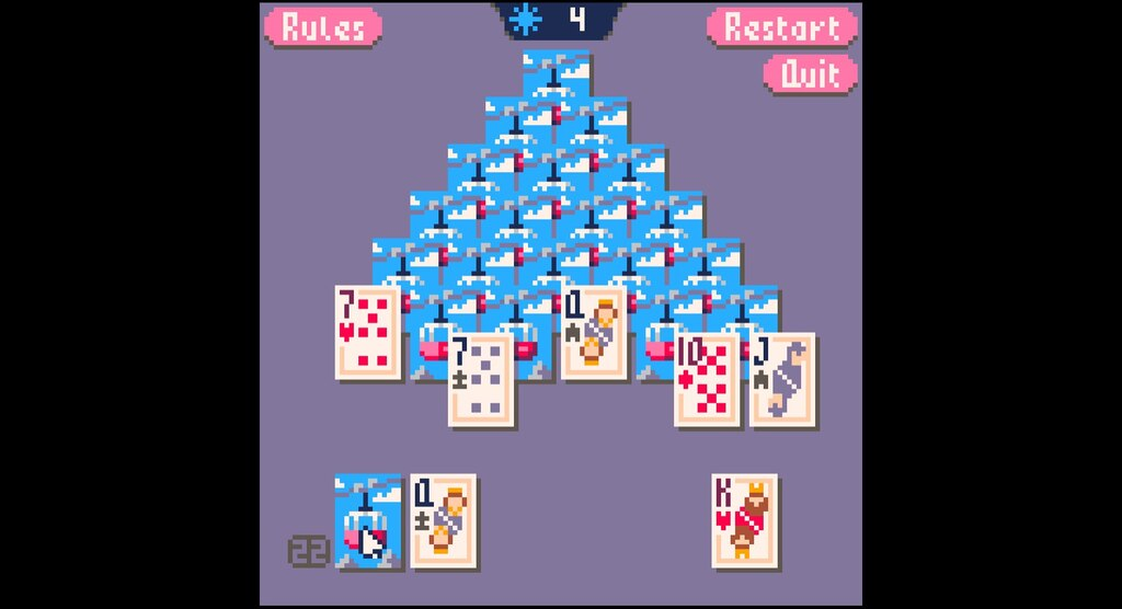 screenshot of sunset solitaire featuring colorful pixel art and a traditional deck