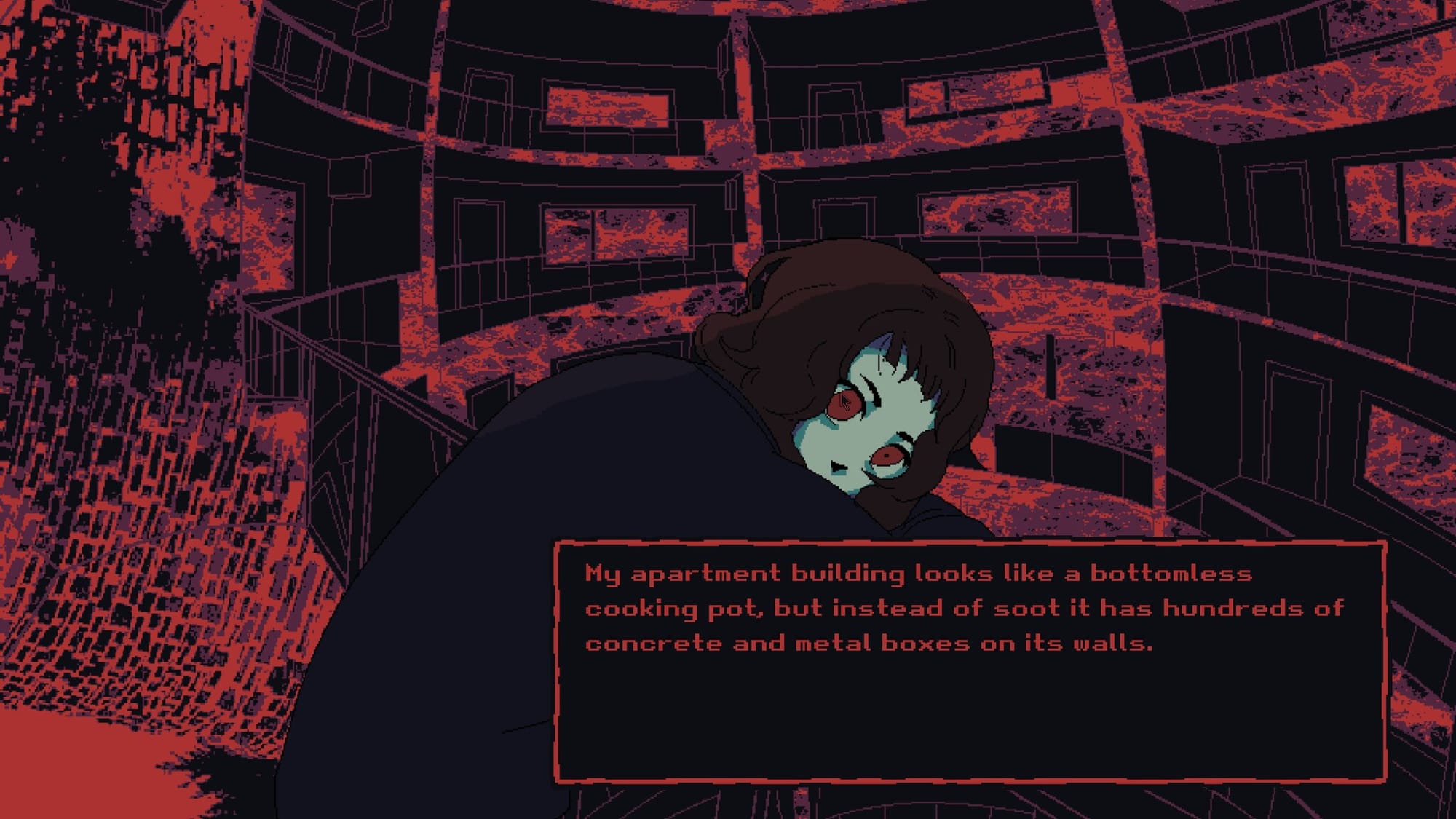 screenshot of milk outside a bag of milk outside a bag of milk featuring the main protagonist on the balcony. pixel graphics with a limited set of colors.