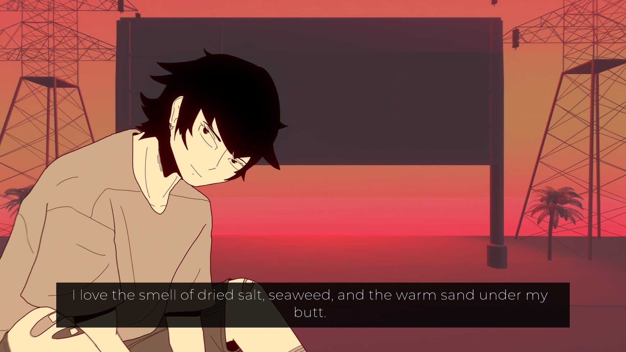 screenshot of milky way prince - the vampire star featuring the npc looking at you. behind him a sunset with palm tree and electric poles. the text box reads: "i love the smell of dried salt, seaweed, and the warm sand under my butt."