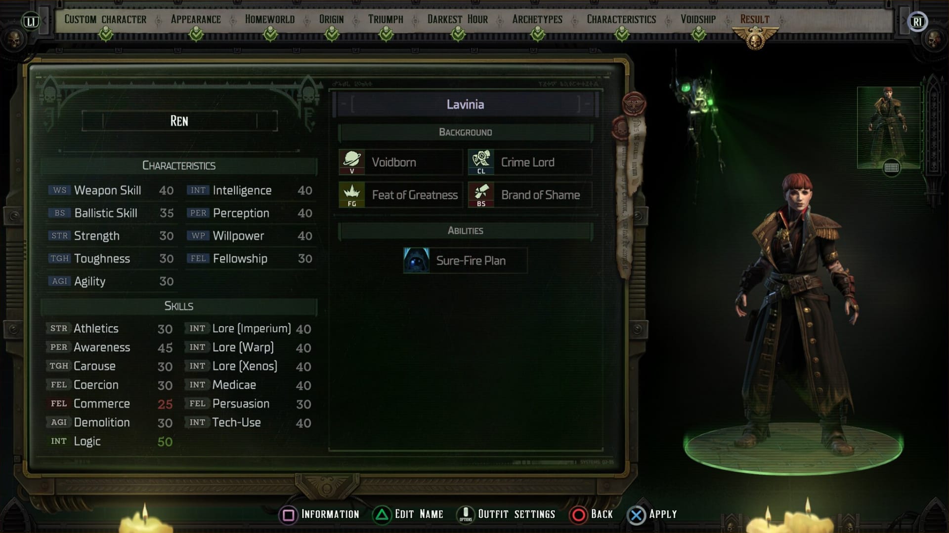 screenshot of my warhammer 40,000: rogue trader character and her stats. i'm a voidborn crime lord with a background of the feat of greatness and brand of shame.