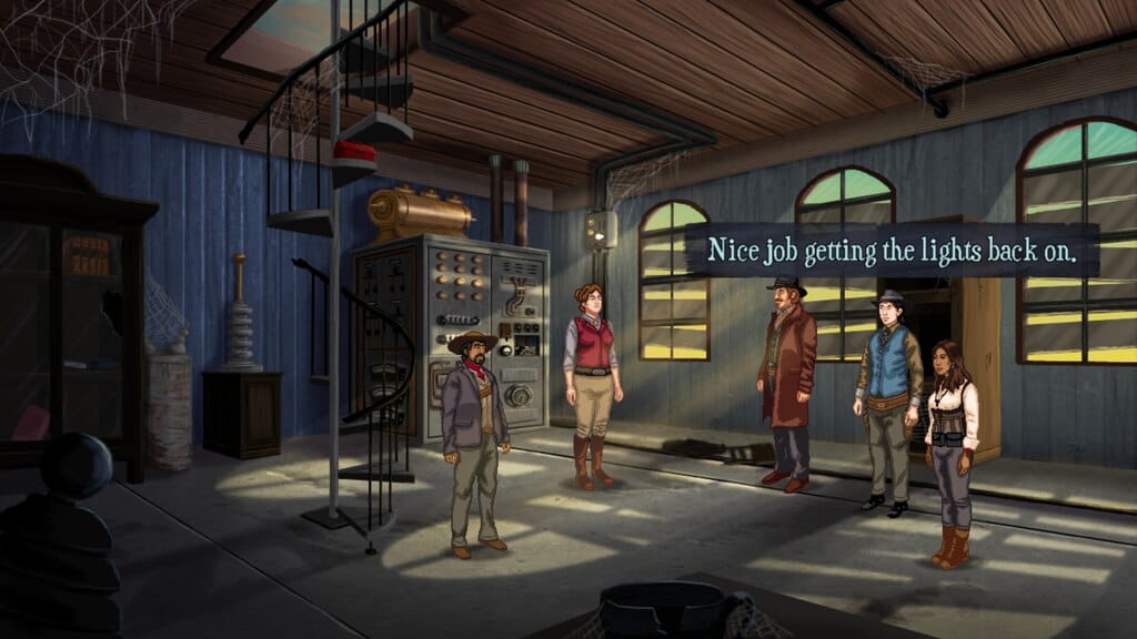 screenshot of rosewater by grundislav games showing a shed with some steampunk machines, and characters with a wild west attire.