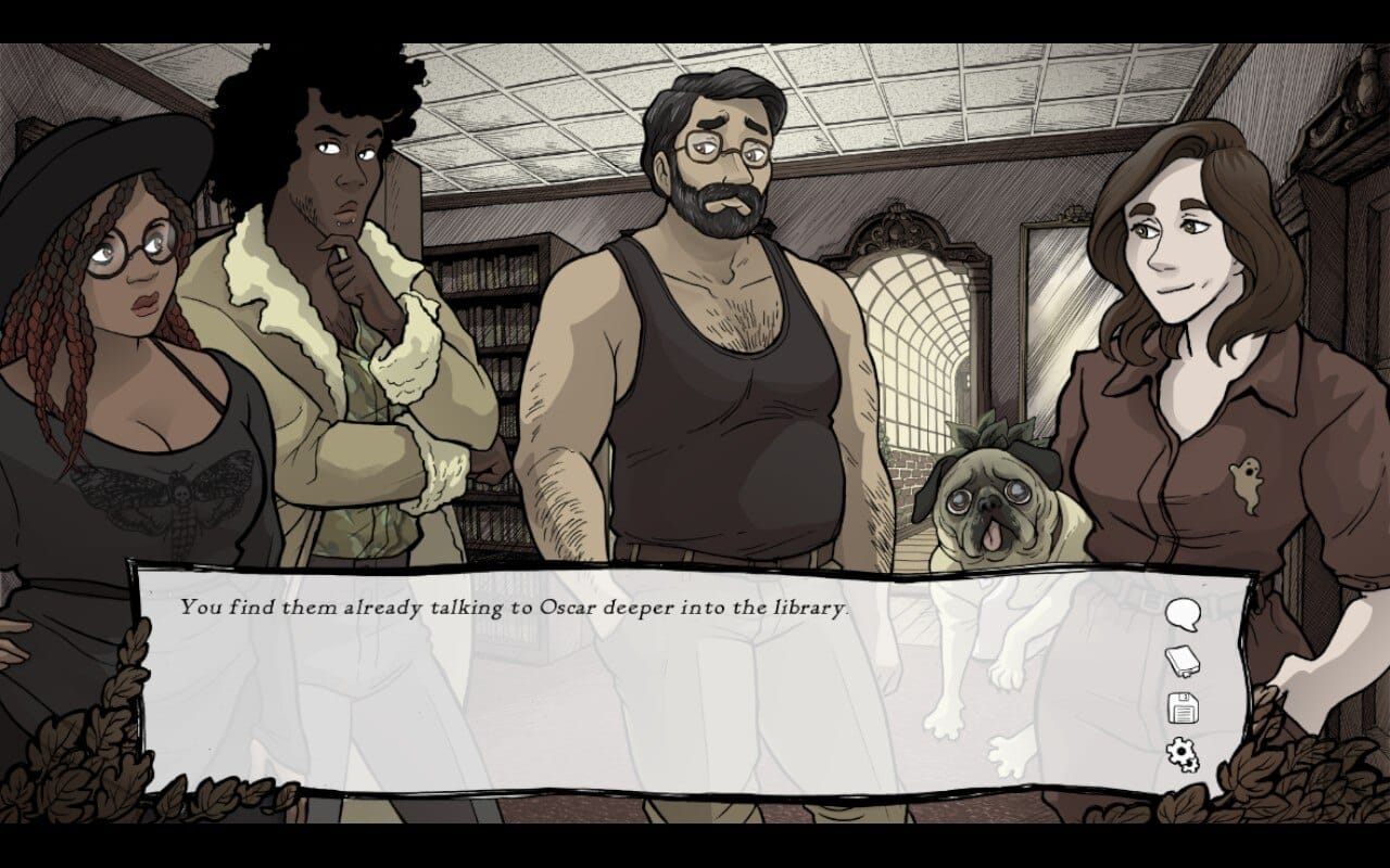 screenshot of scarlet hollow featuring 4 npcs plus a dog. hand-drawn style with almost monochrome color palette.