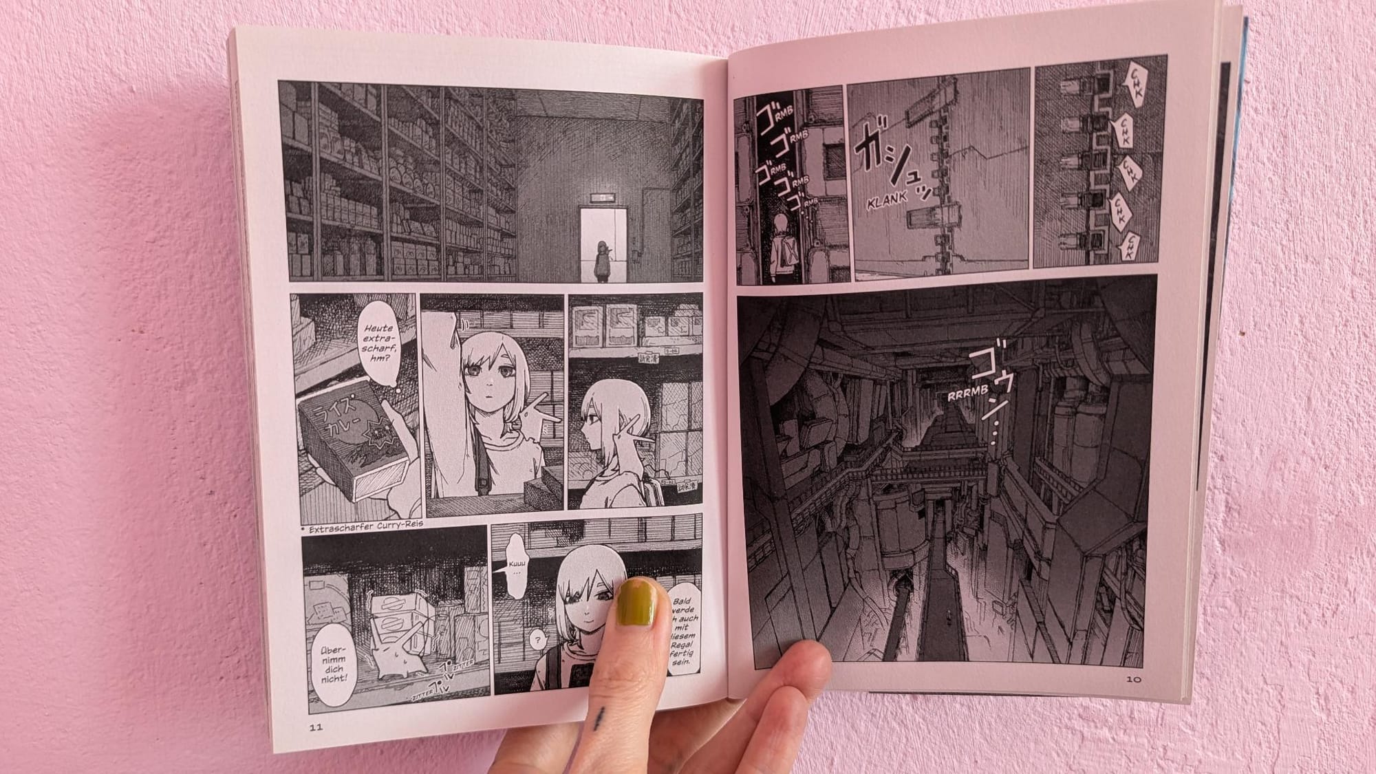 2 pages from the first volume of the color the end showing perspective drawings of industrial houses from the inside and a conversation of saya and ku.