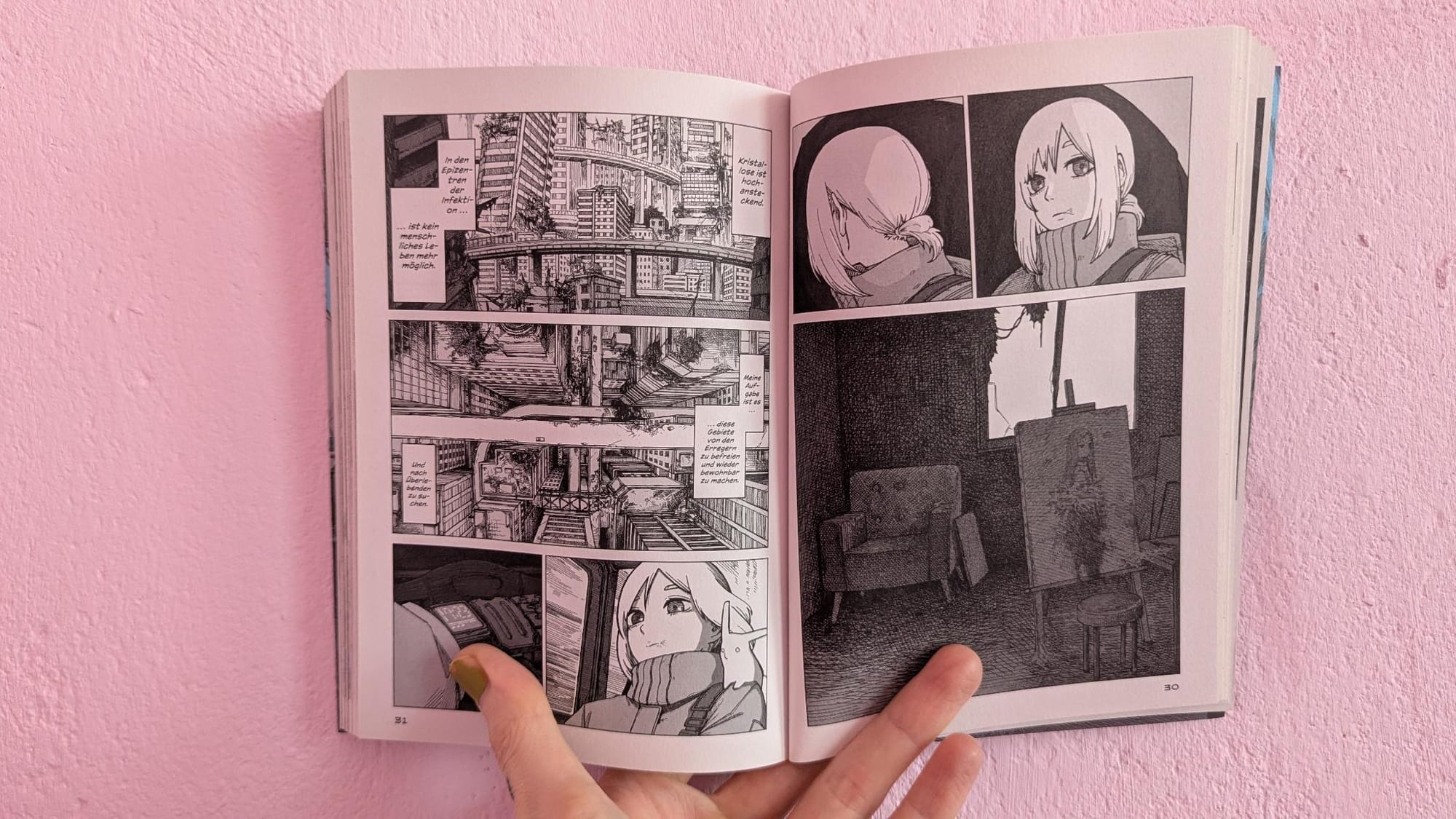 2 pages from the first volume of the color the end showing perspective drawings of high mega city buildings and saya's thought bubbles.