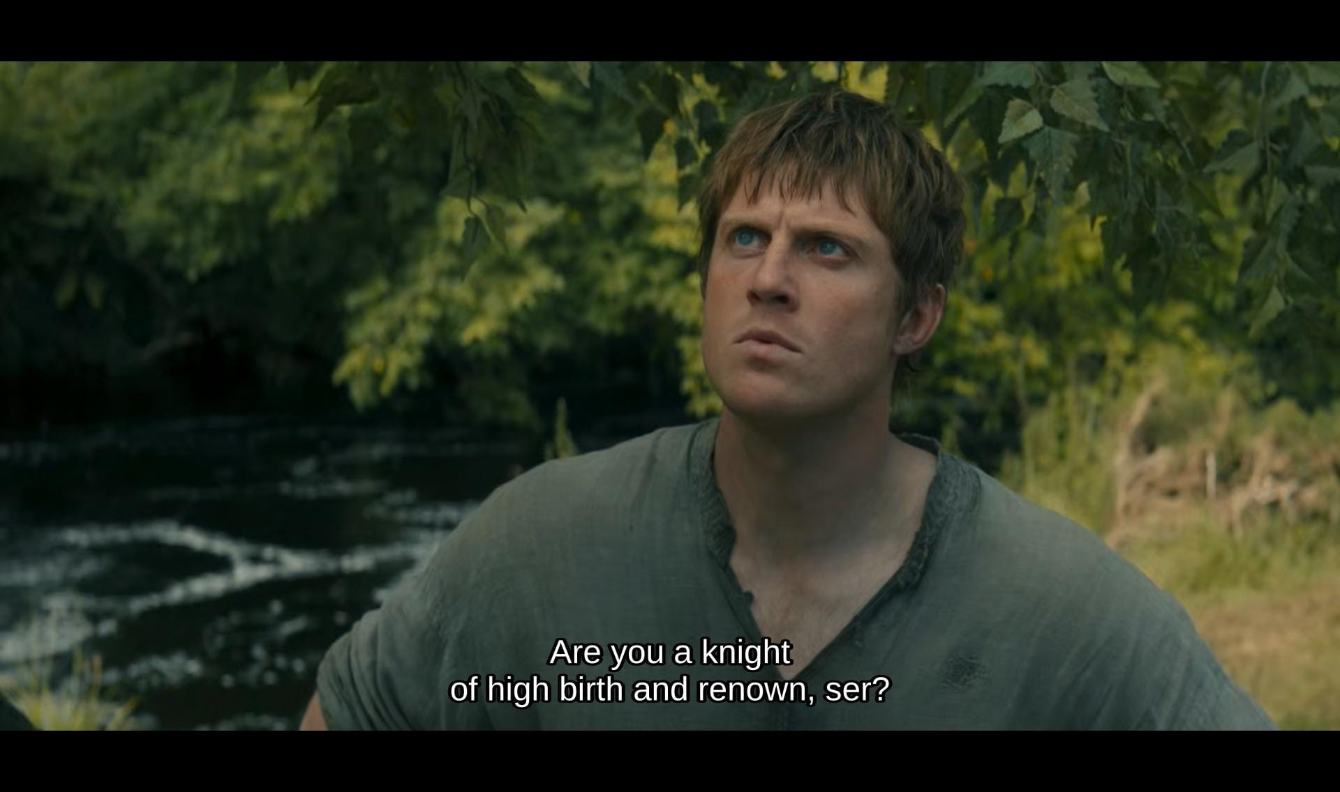 screenshot of a knight of the seven kingdoms featuring ser duncan looking at egg (off-screen) who's saying, "are you a knight of high birth and renown, ser?"