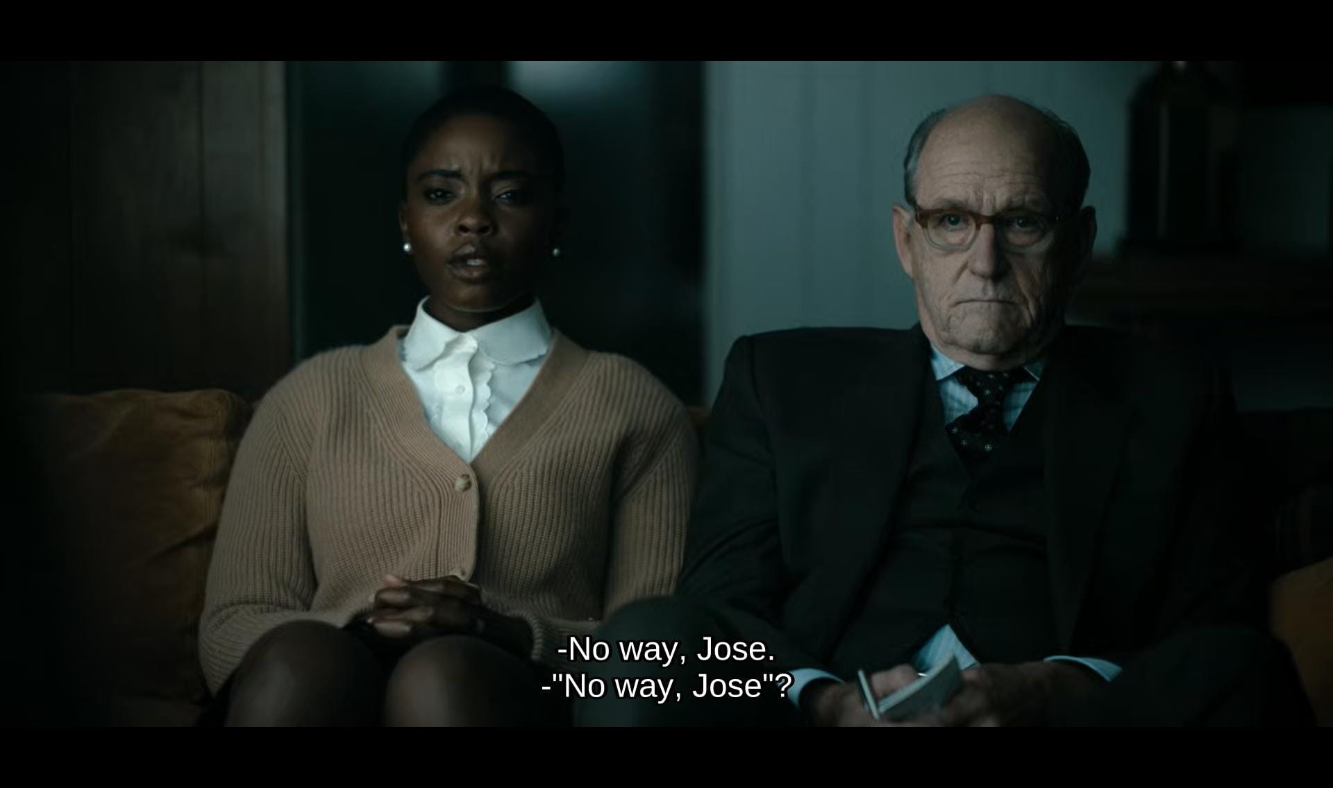 screenshot of dtf st. louis (s01e04) with plumb and homer sitting in a dark lit room. carol says (off-screen) - "no way, jose." plumb asks, "no way, jose?"