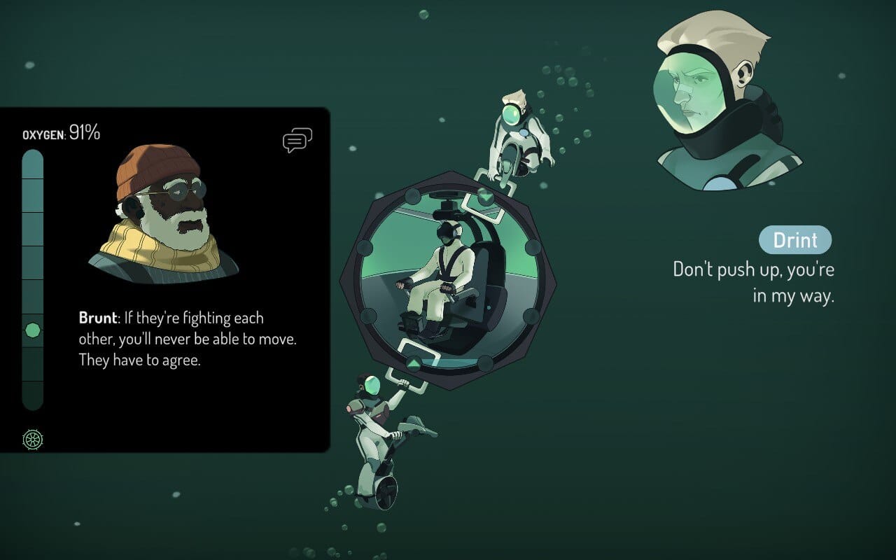 screenshot of the game sub-verge featuring an underwater setting with 2 divers holding on to levers of a cubicle that contains a person. 