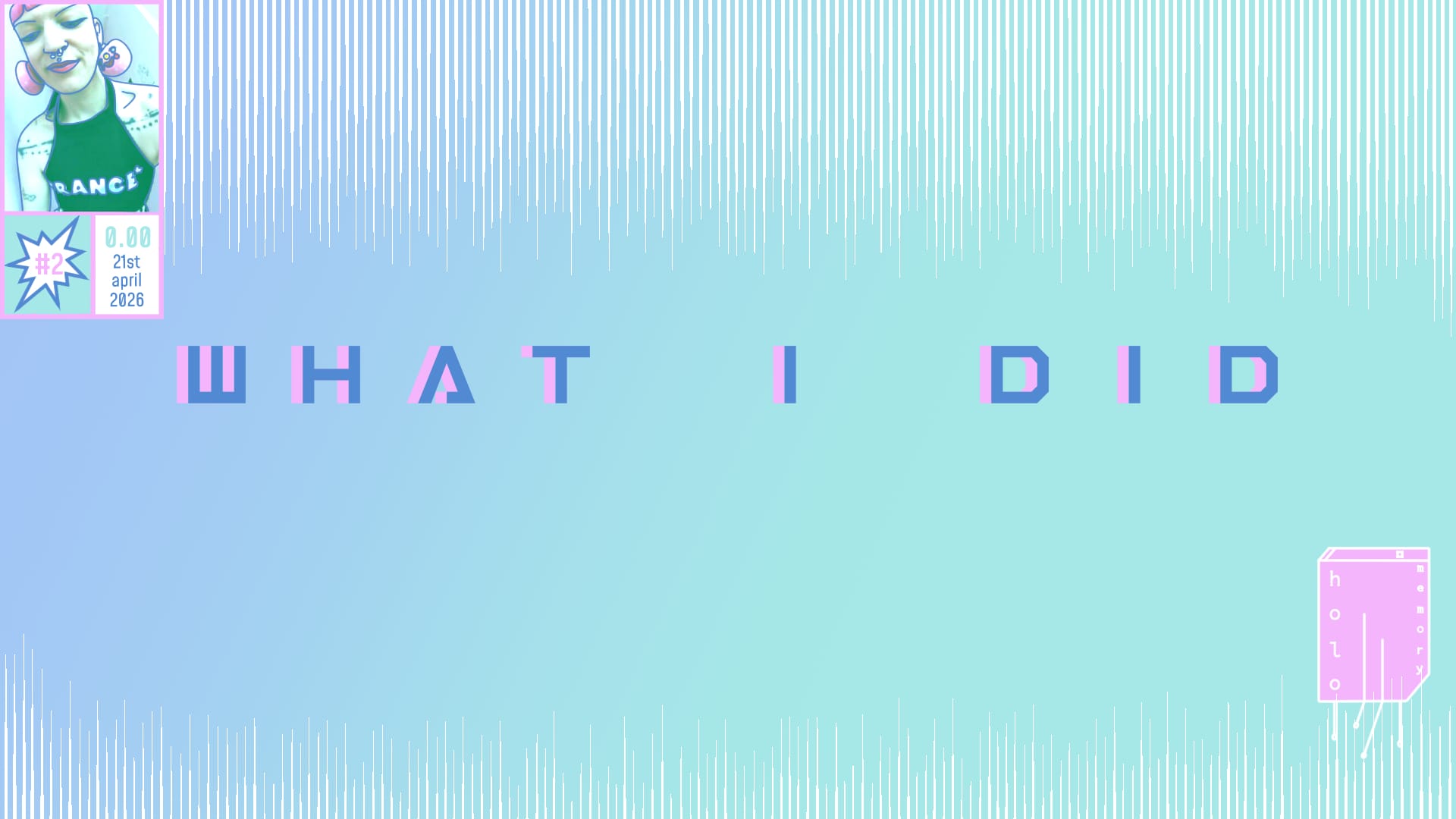 a comic cover in landscape format displaying my logo on the right, big letters "what i did", a frame with a selfie on the top left, #2, 0.00€ and the date (21st april, 2026).