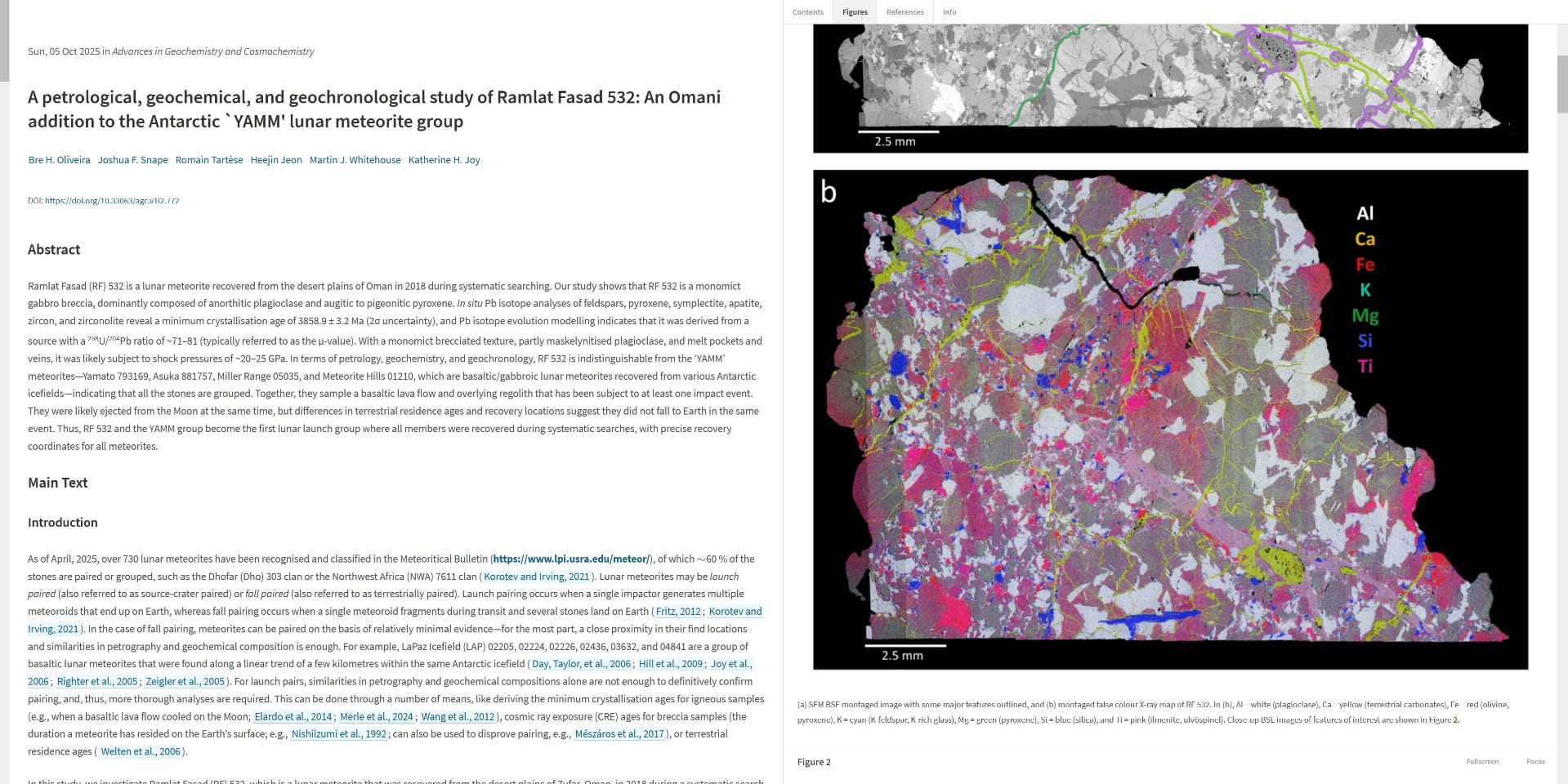 screenshot of the article "A petrological, geochemical, and geochronological study of Ramlat Fasad 532: An Omani addition to the Antarctic 'YAMM' lunar meteorite group" featuring parts of the text and a pretty figure (with lots of pink).