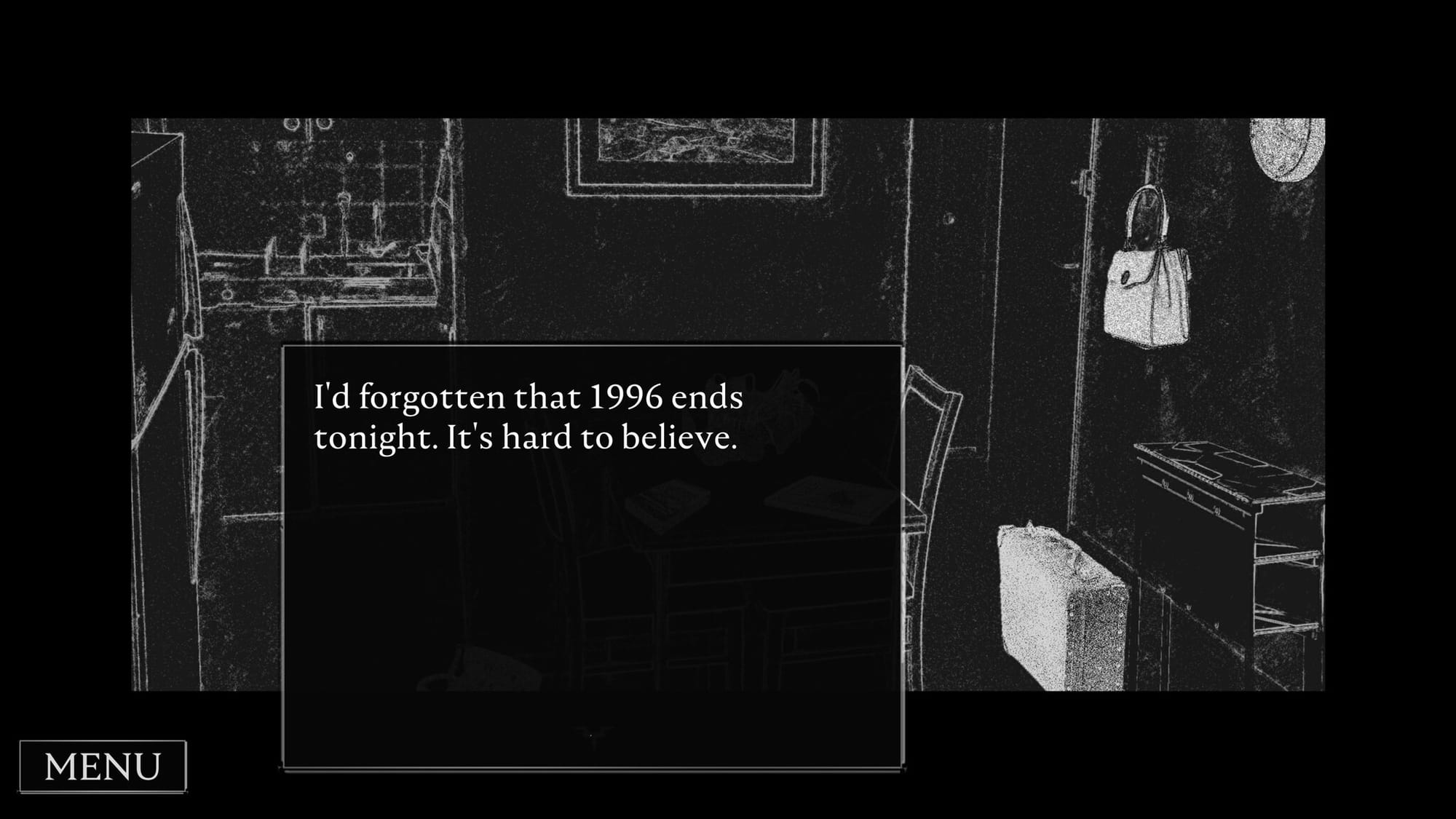 screenshot of red embrace: mezzanine (argent games). it's a room in black and white. the text reads: "i'd forgotten that 1996 ends tonight. it's hard to believe."