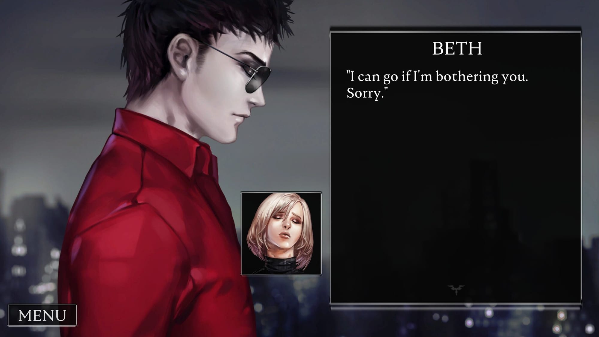 screenshot of red embrace: mezzanine (argent games) showing markus and beth. beth says, "i can go if i'm bothering you. sorry."