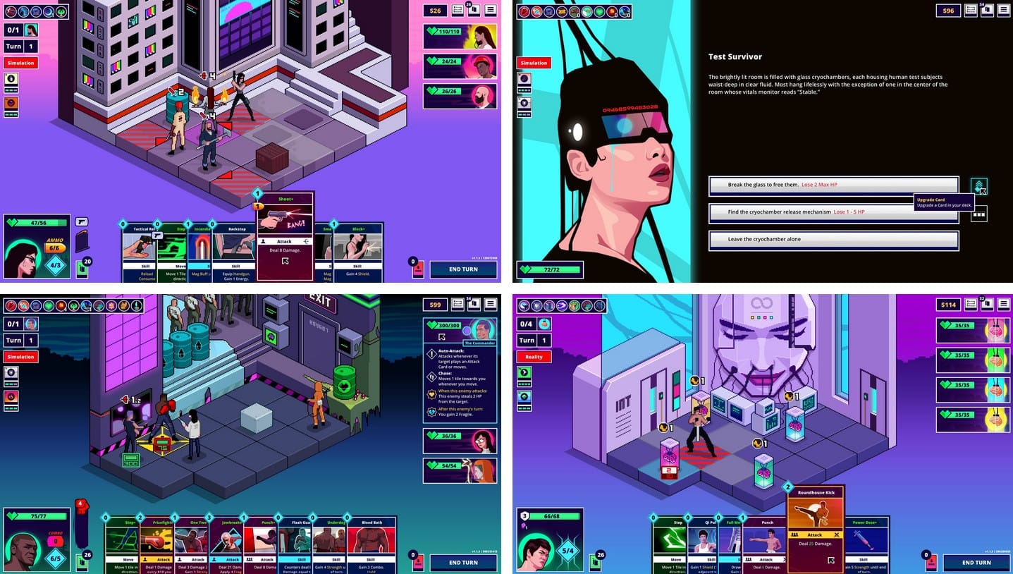 screenshots of nitro kid, a turn-based isometric strategy game with pixel graphics and 1980s cyberpunk aesthetics
