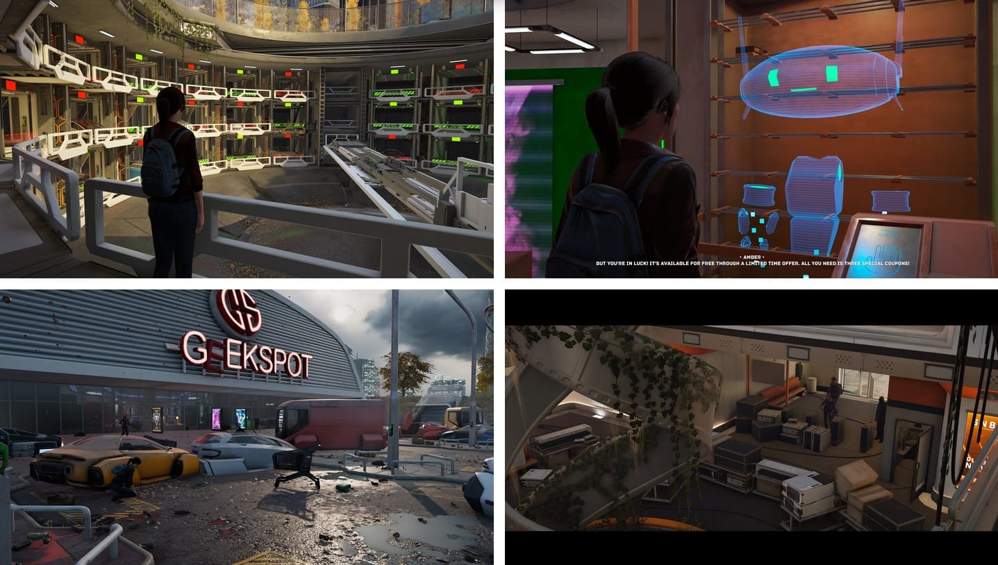 4 screenshots of the uncertain: light at the end featuring the protagonist, post-apocalyptic interiors and buildings, and a hologram of a robot.
