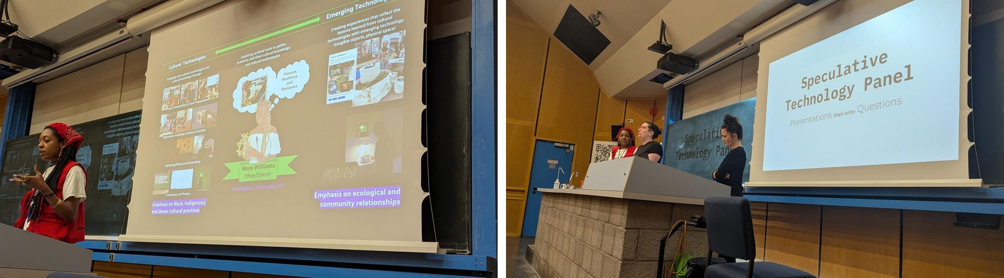 left: maya presenting; right: maya, izzie, and mónica answering questions
