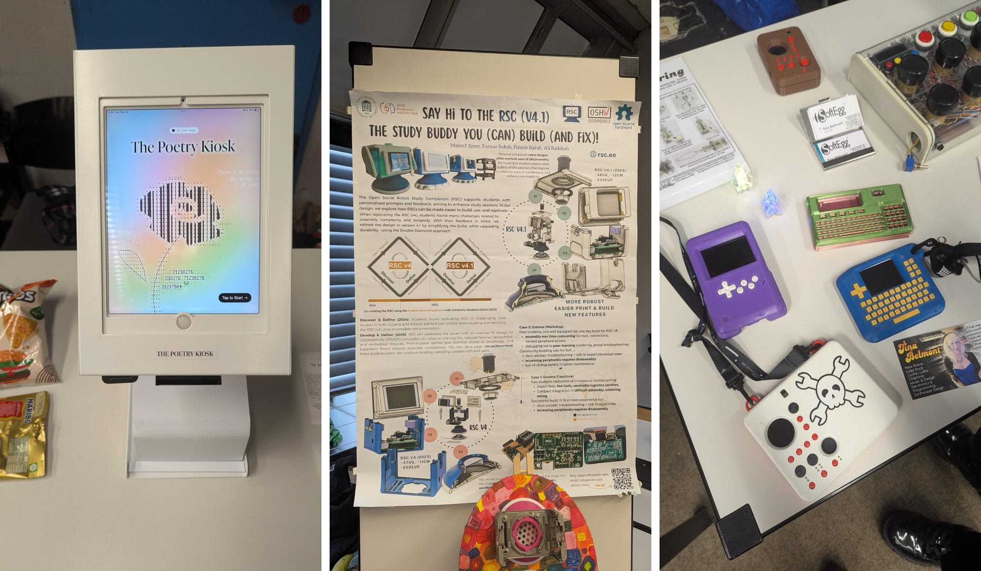 from left to right: the poetry kiosk, openrsc, and tina belmont's instruments