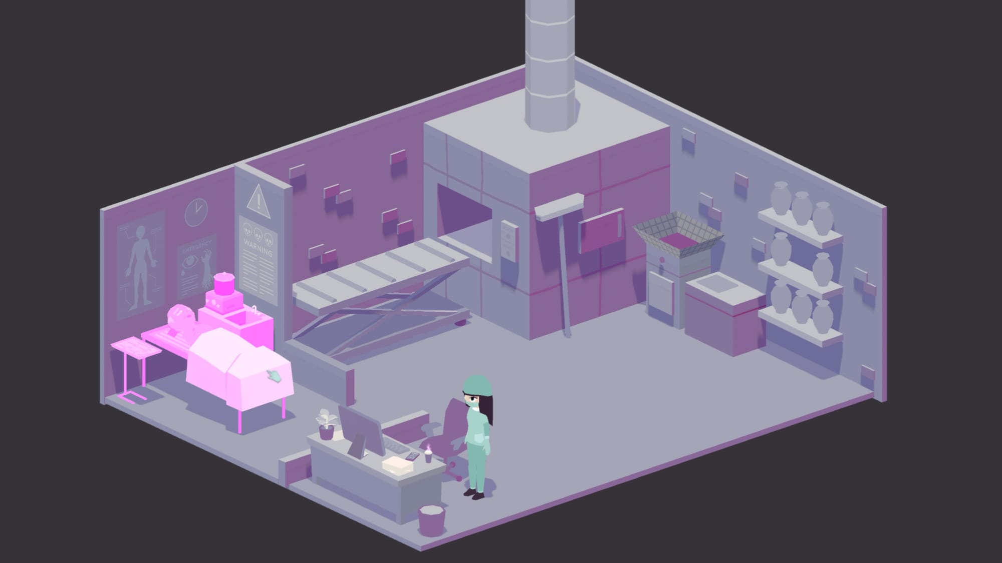 screenshot of a mortician's tale showing the main character standing in a room in her work attire