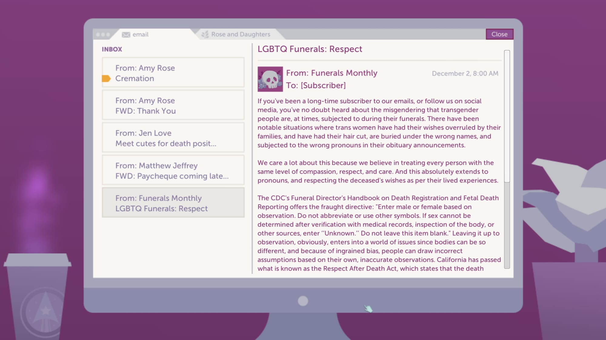 screenshot of a mortician's tale features a computer screen with an email, telling the employees to respect trans people.