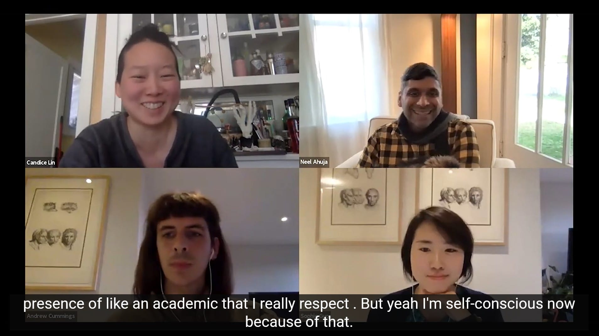 still from the conversation on "a history of future contagion" showing the 4 participants. candice lin and neel ahuja are smiling/laughing.