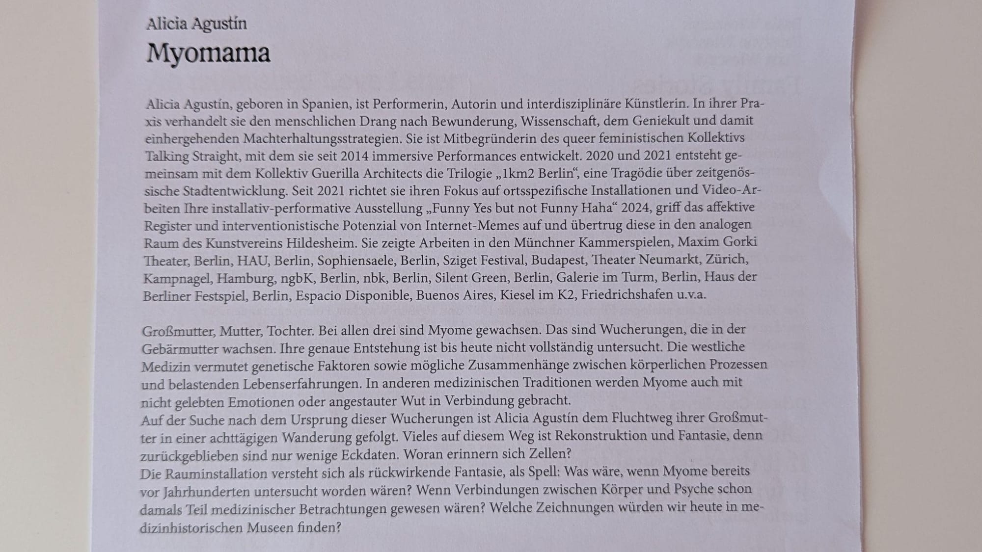 text on alicia agustín's work "myomama" and her background (personal and artistic)