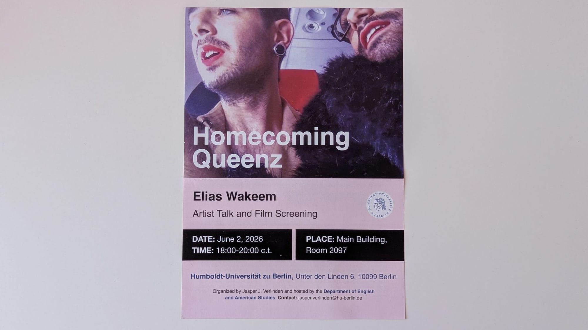 event flyer for "homecoming queenz" featuring a still from the short film as well as details of the date and venue.