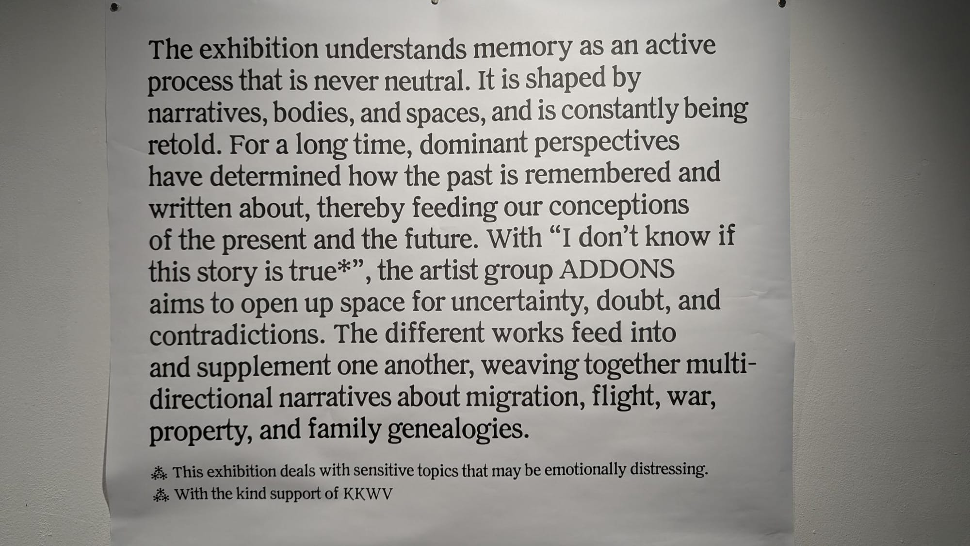 the exhibition flyer features a description and starts with, "The exhibition understands memory as an active process that is never neutral."