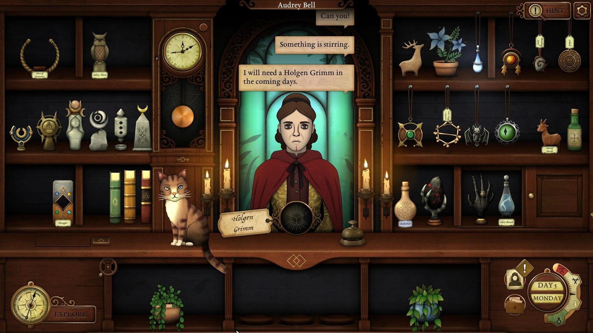 screenshot of strange antiquities showing one of the NPCs in the shop, asking for a "Holgen Grimm." she's wearing dark makeup and a robe, indicating she's an occult follower.