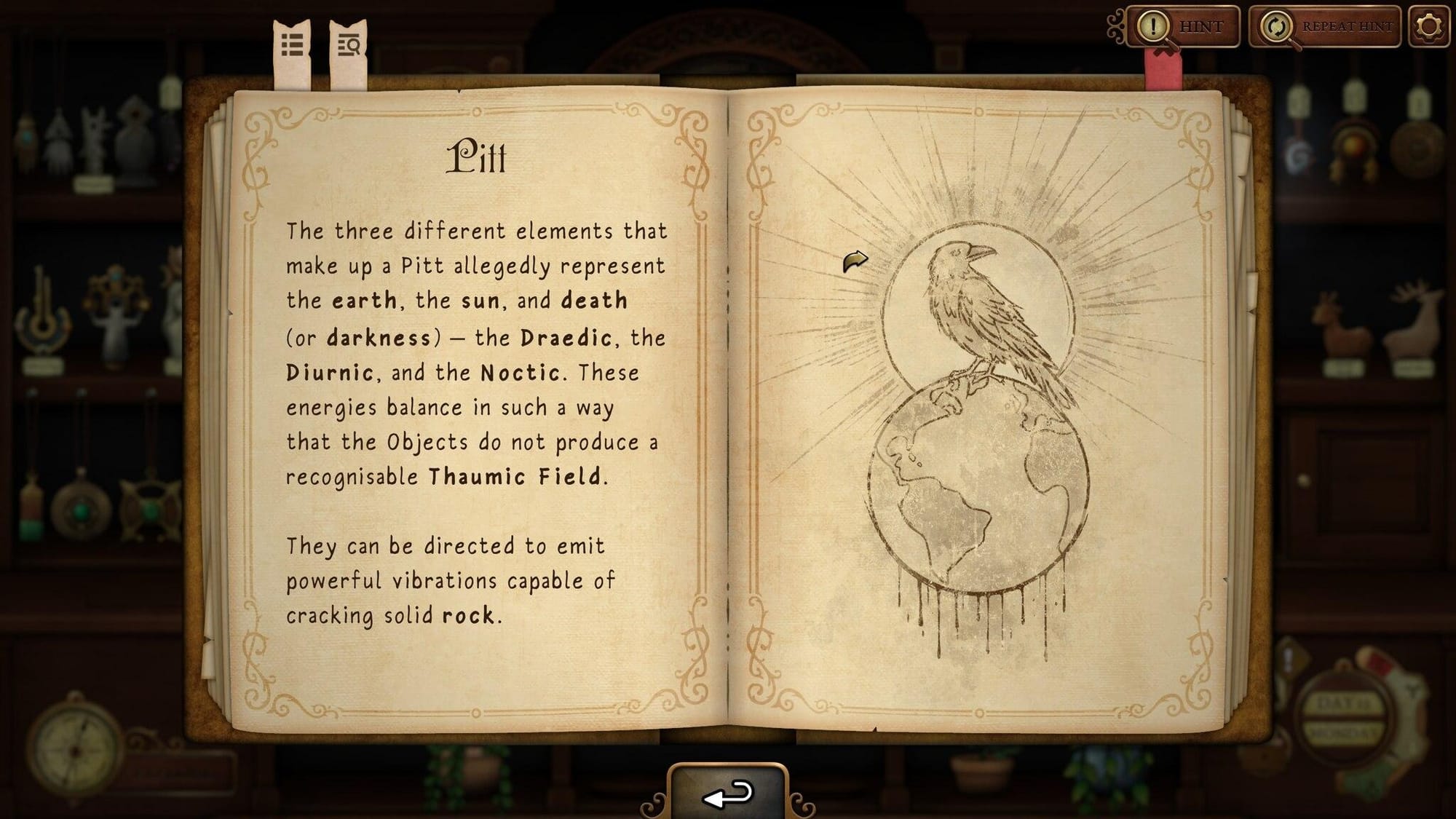 screenshot of strange antiquities showing a book with an illustration of a raven.