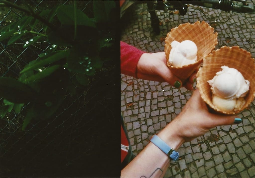 a scan of a photo taken with the golden half. on the left there's a plant in the dark; on the right there are two hands with ice cream cones.